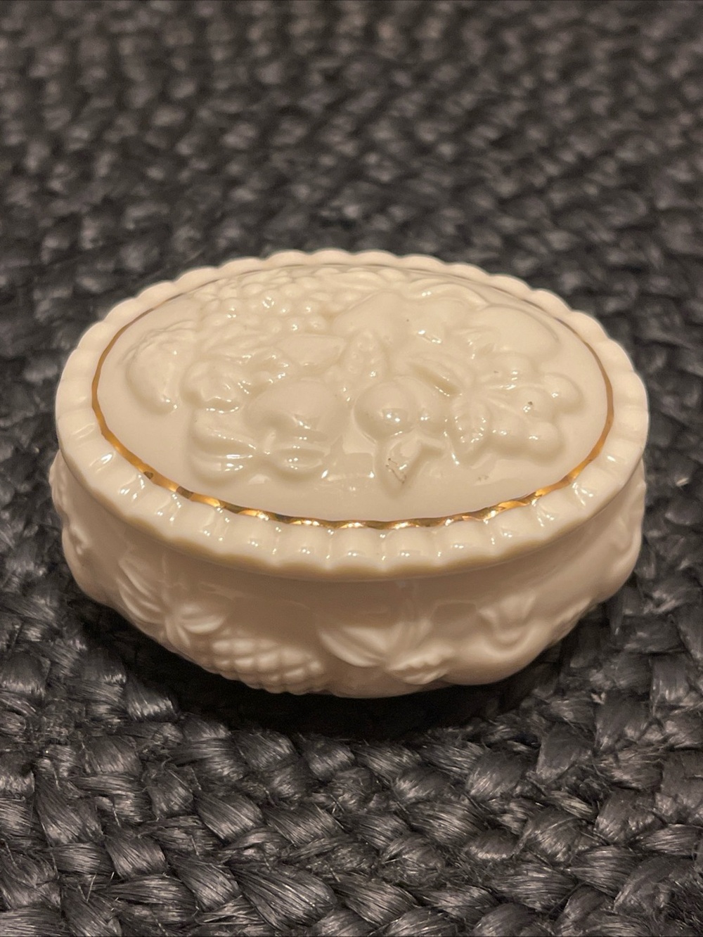 Lenox Cream Porcelain Trinket box with Embossed Fruit